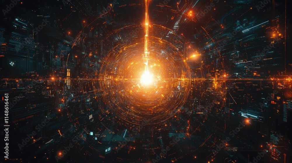 Abstract digital tunnel with glowing orange light. Abstract digital tunnel with glowing orange light.