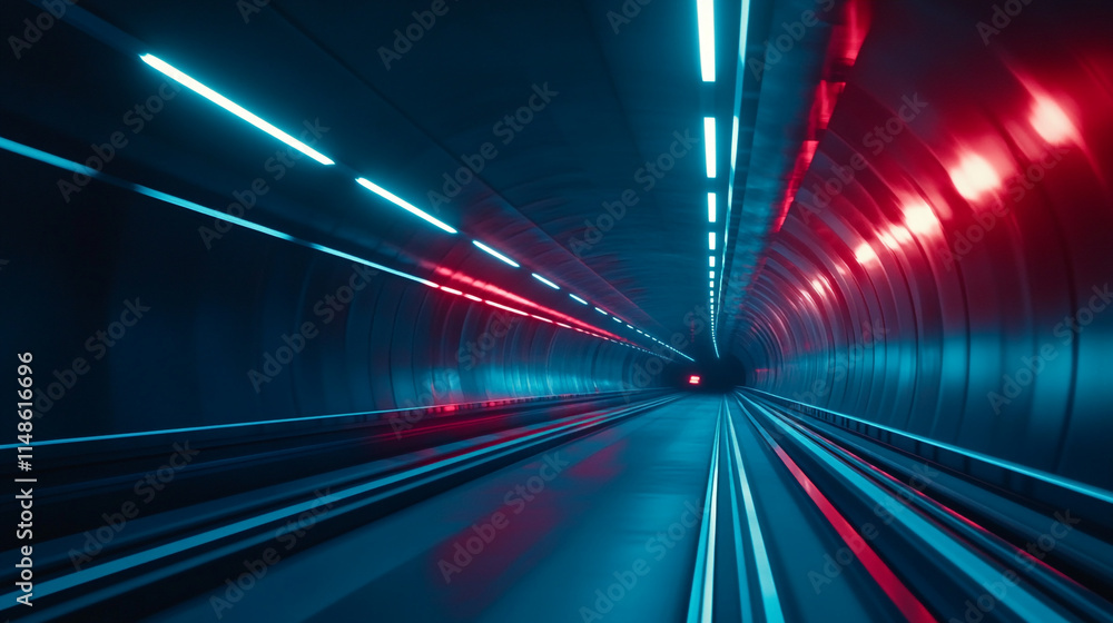 Electric blue and red lights illuminate an underground tunnel at night. Electric blue and red lights illuminate an underground tunnel at night.
