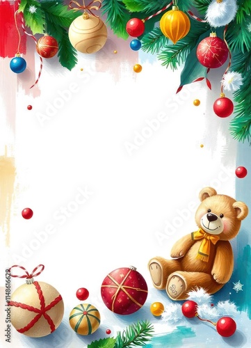 Cheerful teddy bear with colorful Christmas ornaments and a festive background with copy space