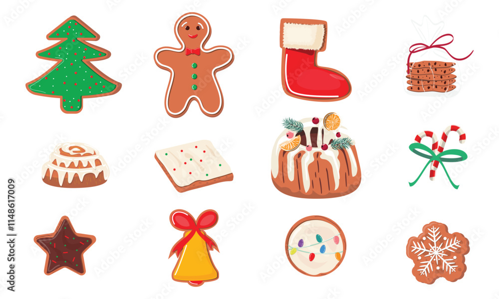 Fototapeta premium Winter Holiday treats including candy canes, chocolate cookies, and gingerbread in star, bell, tree shapes. Christmas baking