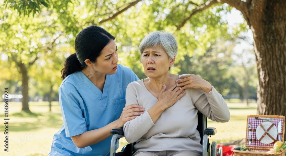 Concerned young asian nurse comforting elderly asian woman in wheelchair during park outing