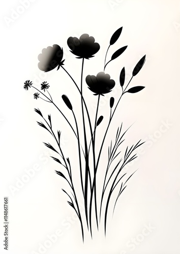 a minimalist and elegant botanical illustration. The artwork is done in monochrome, with various types of wildflowers and grasses sketched in black against a clean, photo