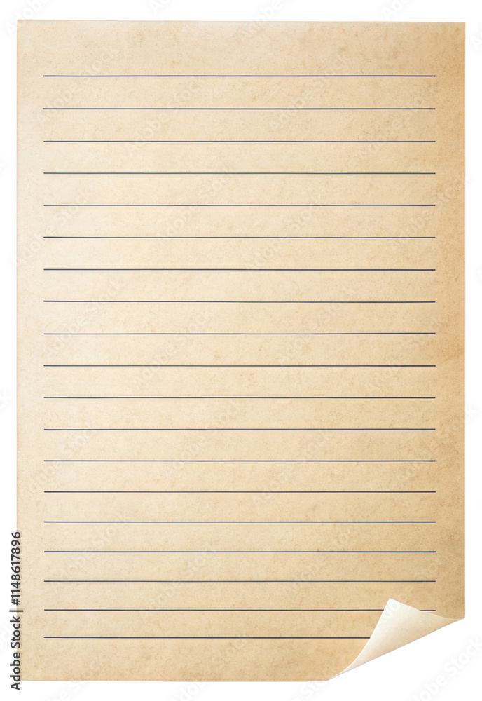 Naklejka premium Paper Sheet with Lines Isolated on White or Transparent Background. Vintage Lined Document Design