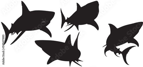 silhouette set of shark in different poses vector illustration isolated on white background