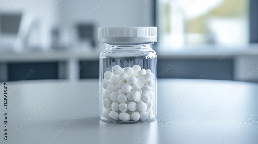 A Clear Glass Jar Filled with White Round Pills on a Modern Table in a Bright Office Environment with Blurred Background Elements and Natural Light A Clear Glass Jar Filled with White Round Pills on a Modern Table in a Bright Office Environment with Blurred Background Elements and Natural Light