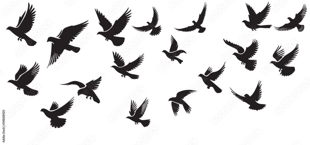 Flying birds silhouettes on white background, illustration, Vector Flying birds silhouettes on white background, illustration, Vector