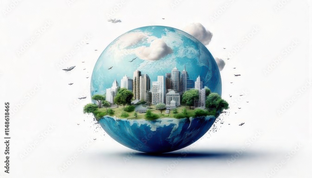 A conceptual Earth showcasing a balance between urban skyscrapers and lush greenery, symbolizing sustainable cities and environmental harmony. A conceptual Earth showcasing a balance between urban skyscrapers and lush greenery, symbolizing sustainable cities and environmental harmony.