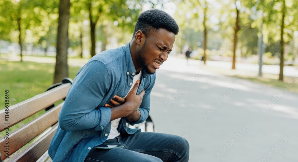 Fototapeta premium Young african male experiencing chest pain in park setting