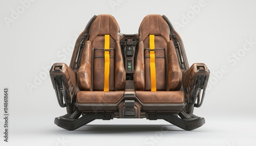 Vintage Brown Leather Pilot'S Seat With Yellow Safety Belts In A Sci-Fi Spaceship Cockpit. Mech Pilot'S Seat Rendered On White Background. photo