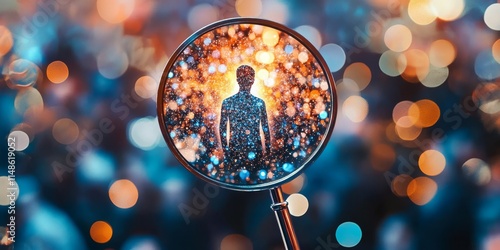 A meticulously crafted magnifying glass highlights a striking digital silhouette of a human figure, symbolizing the quest for individuality among a vibrant crowd of diverse characters and stories