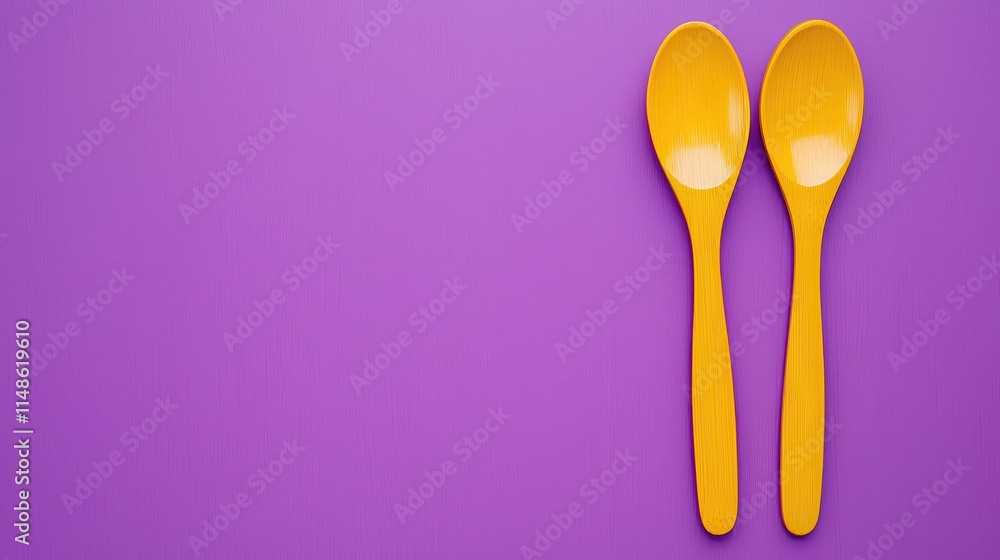 Bright Yellow Spoons on a Purple Background for Creative Projects Bright Yellow Spoons on a Purple Background for Creative Projects