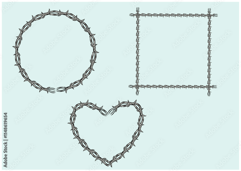 Barbed wire. Razor metallic fencing wire, industrial or prison wire seamless borders vector illustration set. Barb wire protection fencing Barbed wire. Razor metallic fencing wire, industrial or prison wire seamless borders vector illustration set. Barb wire protection fencing
