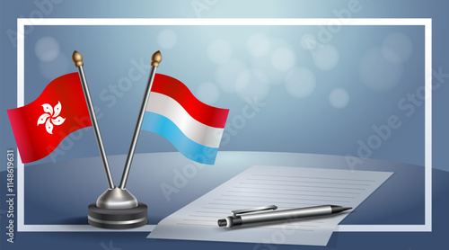 Hong Kong and Luxembourg National flags on small table with bokeh background, cooperative relationship