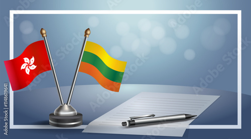 Hong Kong and Lithuanian National flags on small table with bokeh background, cooperative relationship