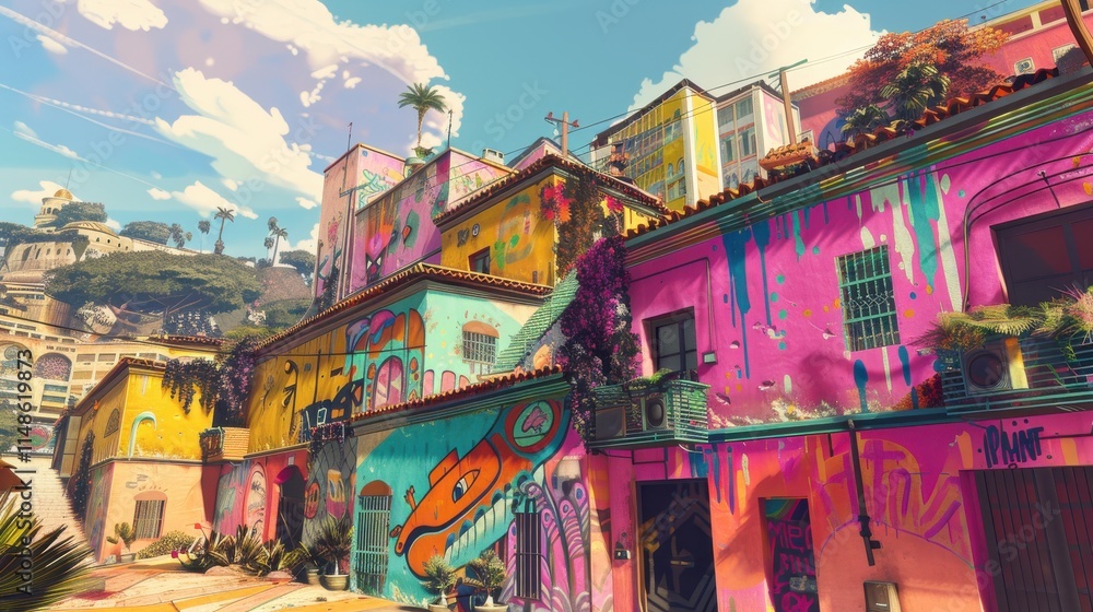 Fototapeta premium A Stunning Ultra HD 7K Vibrant Cityscape Featuring Colorful Murals Perfect for Urban Lifestyle and Travel Promotion
