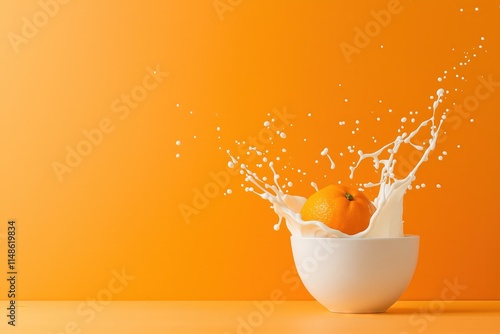 Orange in a White Bowl with Yogurt Splash Against a Vibrant Background - Space for Text photo