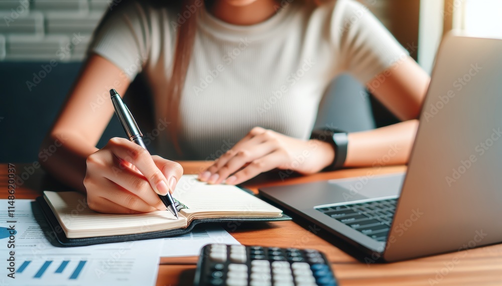 Close-Up of Woman Writing in Notebook with Laptop on Office Desk – Planning, Note-Taking, and E-Learning Concept Close-Up of Woman Writing in Notebook with Laptop on Office Desk – Planning, Note-Taking, and E-Learning Concept