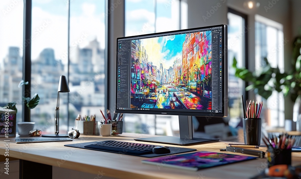 Fototapeta premium A vibrant digital workspace with a colorful artwork on display.