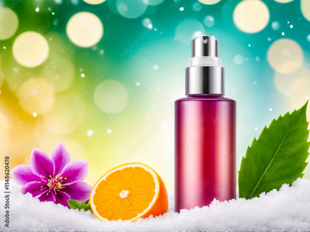 Skincare Product in Snowy Winter Scene with Citrus and Flower Skincare Product in Snowy Winter Scene with Citrus and Flower