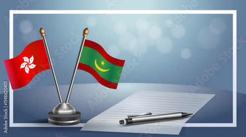 Hong Kong and Mauritania National flags on small table with bokeh background, cooperative relationship