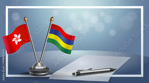 Hong Kong and Mauritius National flags on small table with bokeh background, cooperative relationship