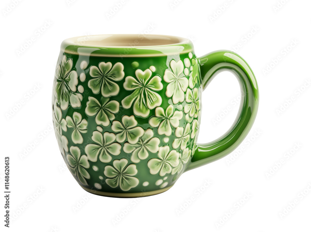 Green Ceramic Mug with Shamrock Design on Transparent Background Green Ceramic Mug with Shamrock Design on Transparent Background