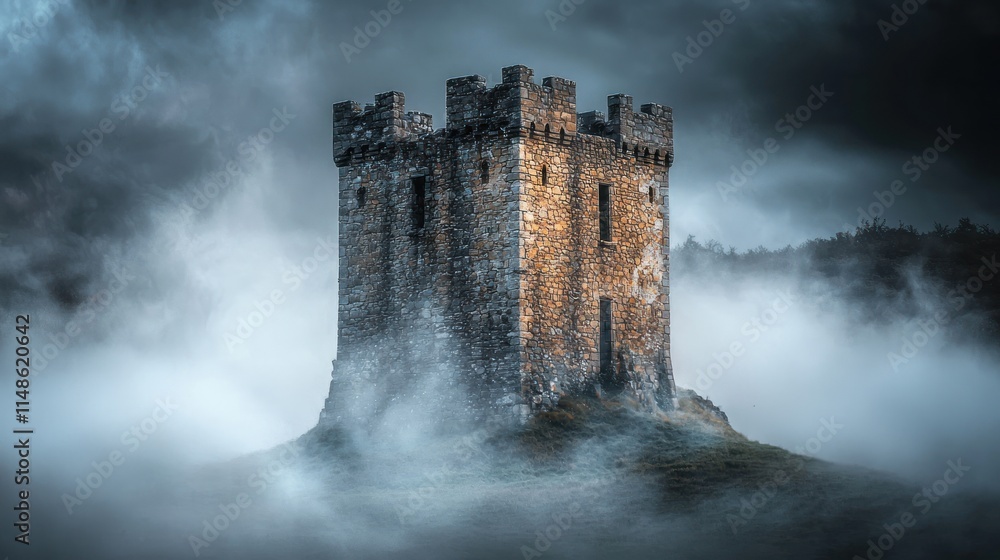 Fototapeta premium Enigmatic Stone Tower Enveloped in Mist