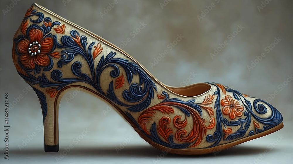 Intricate floral design high heel shoe. Handcrafted art piece with rich colors, vintage style. Ornamental patterns, decorative floral motifs on shoe. Unique, elegant footwear. Shoe perfect for Intricate floral design high heel shoe. Handcrafted art piece with rich colors, vintage style. Ornamental patterns, decorative floral motifs on shoe. Unique, elegant footwear. Shoe perfect for