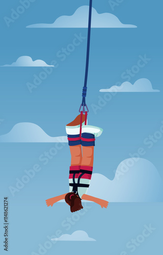 Woman Hanging bungee jumping off a cliff, capturing the thrill and excitement of extreme outdoor adventure sports, Vector, Illustration