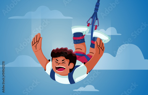 Man bungee jumping off a cliff, capturing the thrill and excitement of extreme outdoor adventure sports, Vector, Illustration