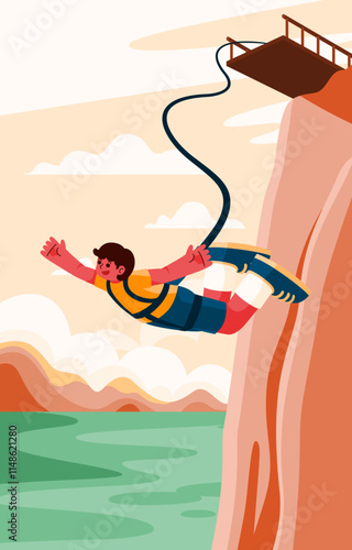 Man bungee jumping off a Cliff, capturing the thrill and excitement of extreme outdoor adventure sports, Vector, Illustration