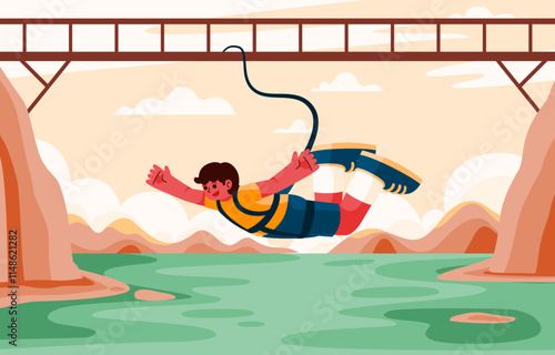 Man bungee jumping off a Bridge, capturing the thrill and excitement of extreme outdoor adventure sports, Vector, Illustration