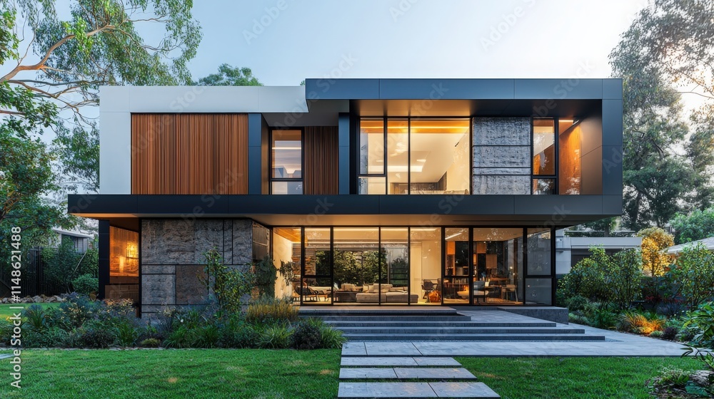 Modern house with sleek design surrounded by lush greenery in the late afternoon light Modern house with sleek design surrounded by lush greenery in the late afternoon light