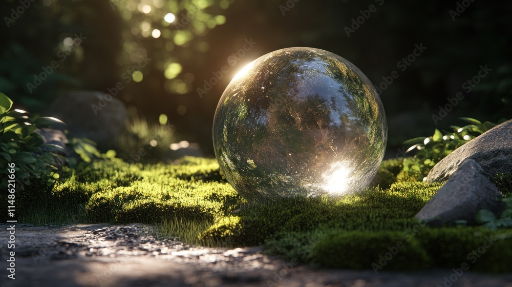 Crystal ball in mossy forest at sunset. Crystal ball in mossy forest at sunset.