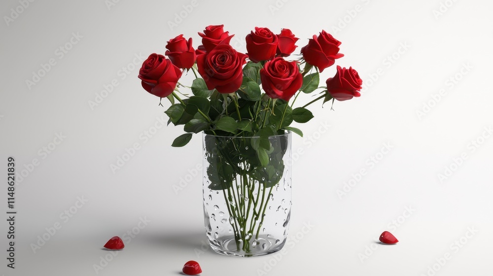 Obraz premium Elegant Arrangement of Fresh Red Roses in a Clear Glass Vase on a Light Background
