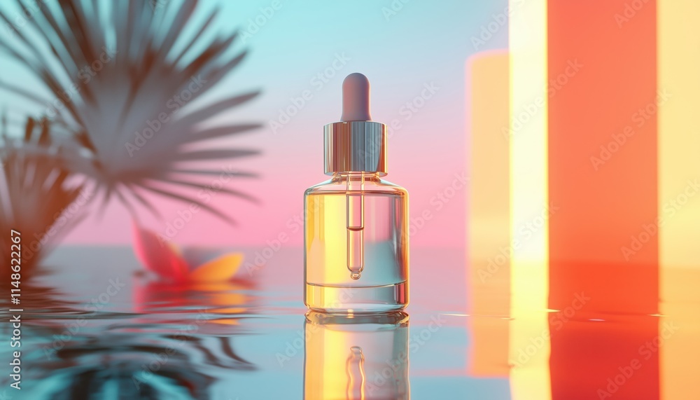 Iridescent Light Reflections On A Serum Dropper Bottle In A Stunning Summer Setting Showcased In A Vibrant Image. Iridescent Light Reflections On A Serum Dropper Bottle In A Stunning Summer Setting Showcased In A Vibrant Image.