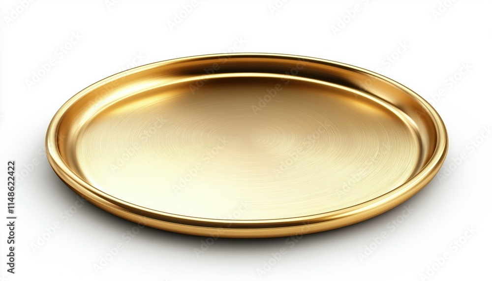 Golden Metal Plate On White Background With A Stunning Shine - The Perfect Addition To Your Elegant Home Decor! Golden Metal Plate On White Background With A Stunning Shine - The Perfect Addition To Your Elegant Home Decor!