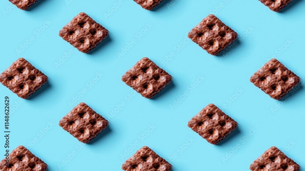 Brown Chocolate Cookies on Blue Background with Pattern Design Brown Chocolate Cookies on Blue Background with Pattern Design