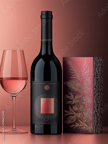 Elegant wine bottle mockup with rose gold accents and floral pattern packaging against burgundy background