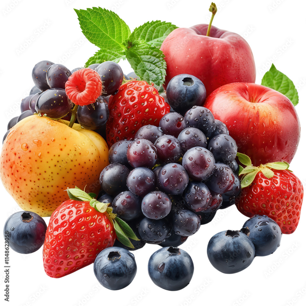 A bunch of fruit including apples, grapes, strawberries, and blueberries A bunch of fruit including apples, grapes, strawberries, and blueberries