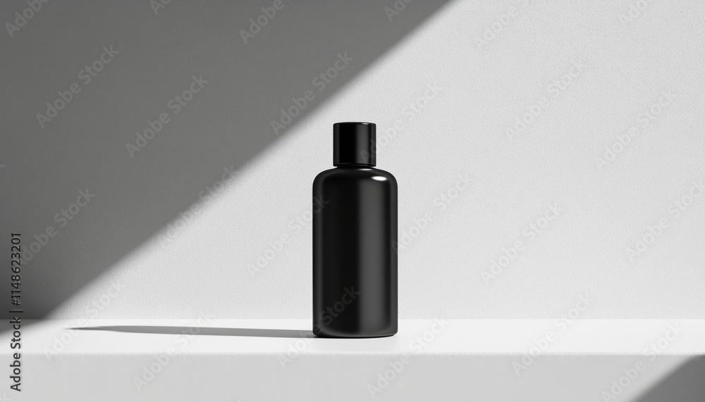 Black Cosmetic Bottle Displayed On White Surface: Elevating Modern And Chic Product Visuals For Marketing Campaigns. Ideal For Beauty Brands. Black Cosmetic Bottle Displayed On White Surface: Elevating Modern And Chic Product Visuals For Marketing Campaigns. Ideal For Beauty Brands.