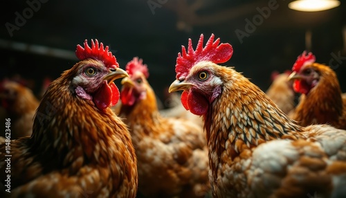 Closeup of Brown Chickens in Coop: Farm Animals, Poultry, Rustic Setting