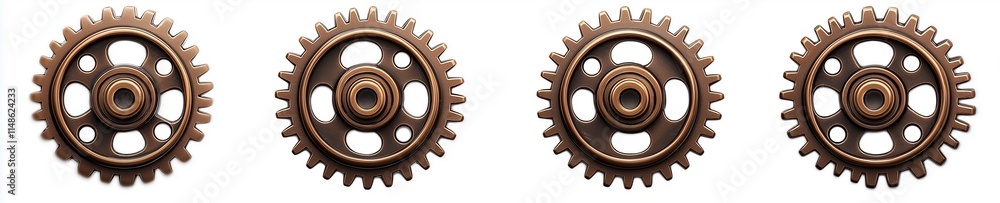 Four copper gears rotating smoothly on white background Four copper gears rotating smoothly on white background