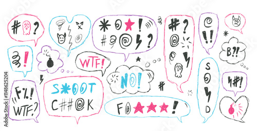 Speech bubbles with swear words. Curse crayon doodle text. Bad bulling expression on chat dialog boxes. Aggressive swearwords isolated on white background. Haters signs. Vector hand drawn illustration