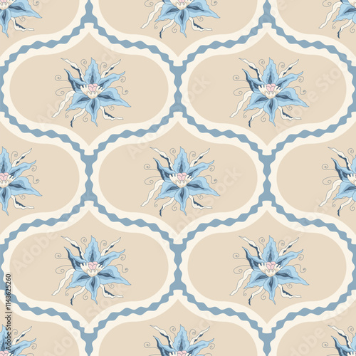 Indian chintz ogee seamless pattern. Modern flower damask endless background. Floral repeat farmhouse continuous ornament. Surface pattern digital textile. Vector classic design wildflower motif.