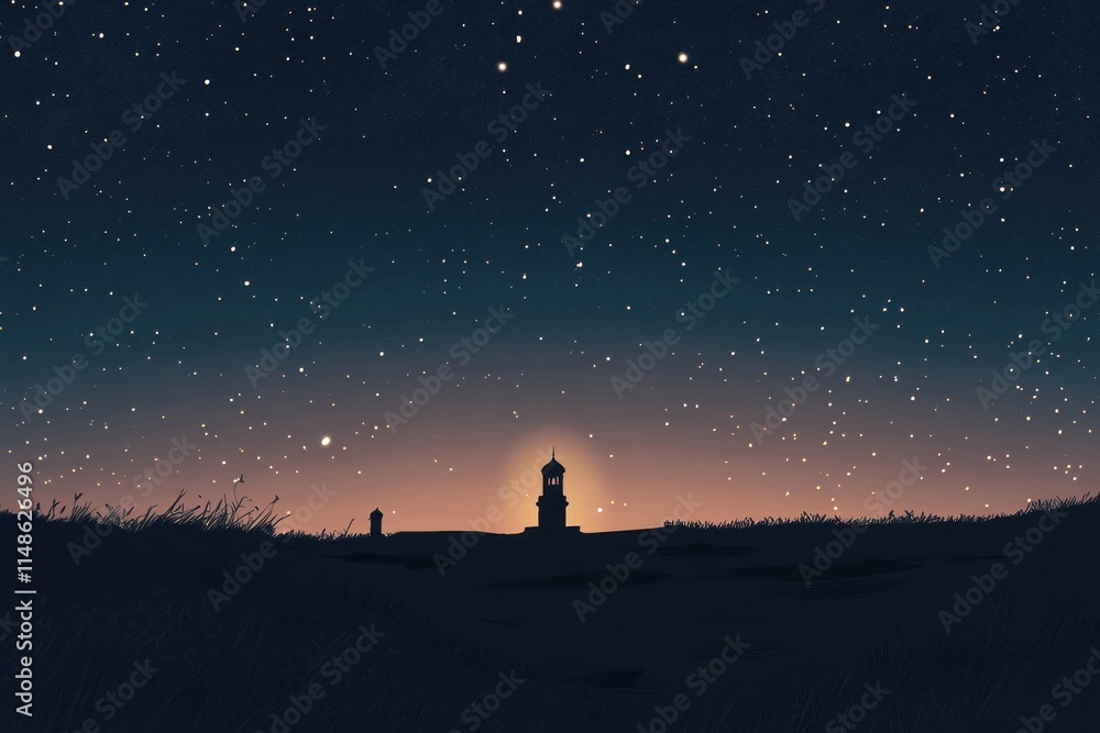 Fototapeta premium Silhouetted Lighthouse Underneath a Starry Night Sky