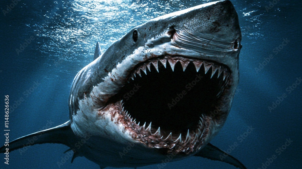 Obraz premium Great white shark underwater, mouth open, showing teeth.