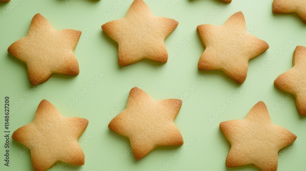 Freshly Baked Star-Shaped Cookies on Light Green Background Freshly Baked Star-Shaped Cookies on Light Green Background