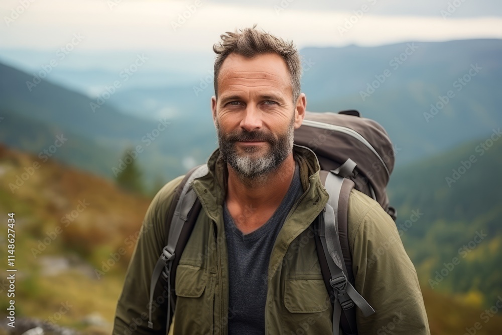 Portrait of handsome man with backpack standing on top of a mountain Portrait of handsome man with backpack standing on top of a mountain