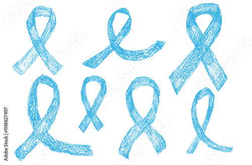 Crayon awareness blue ribbon set. symbol of prostate cancer preventing campaign doodle isolated on white background. Vector drawn by pencil illustration